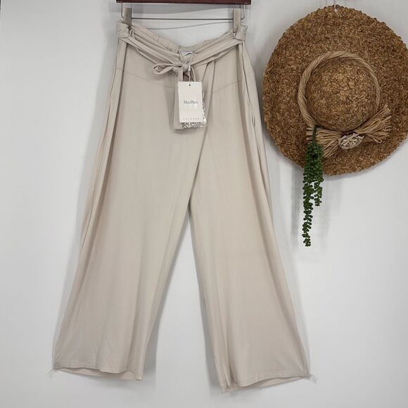 New‎ MAX MARA Formia Wide trousers stretch jersey adjustable tie waist Cream M - Picture 1 of 16
